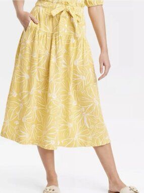 Universal Thread Yellow White Floral Linen Blend Tie Waist A Line Midi SKirt